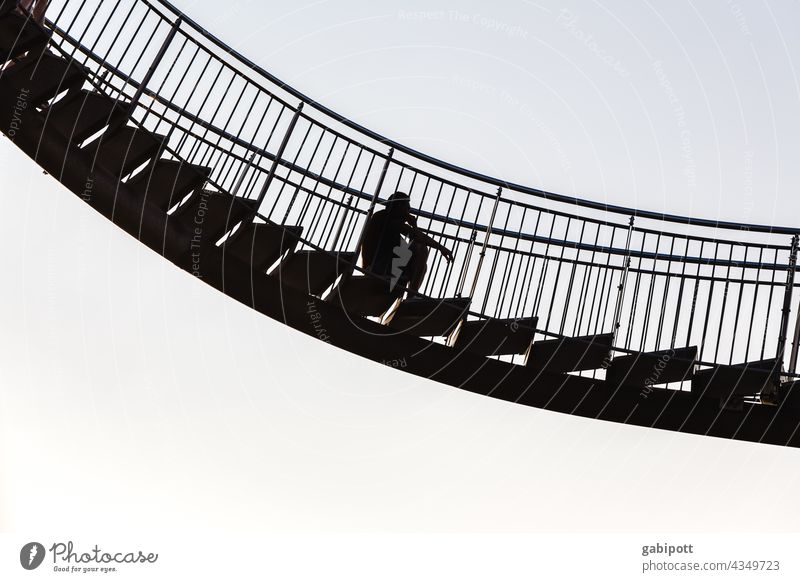 Man on floating stairs Exterior shot Sky Copy Space top Freedom Cloudless sky Tiger and Turtle Unafraid of heights Fear of heights Sculpture Architecture Stairs