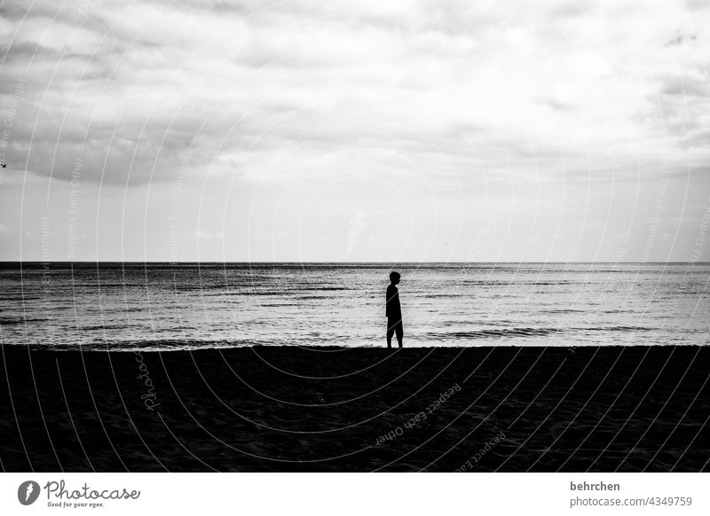 The young man and the sea Dramatic Usedom Black & white photo Freedom Nature Waves Water Idyll Longing Wanderlust wide Clouds Sky Baltic Sea Ocean Beach