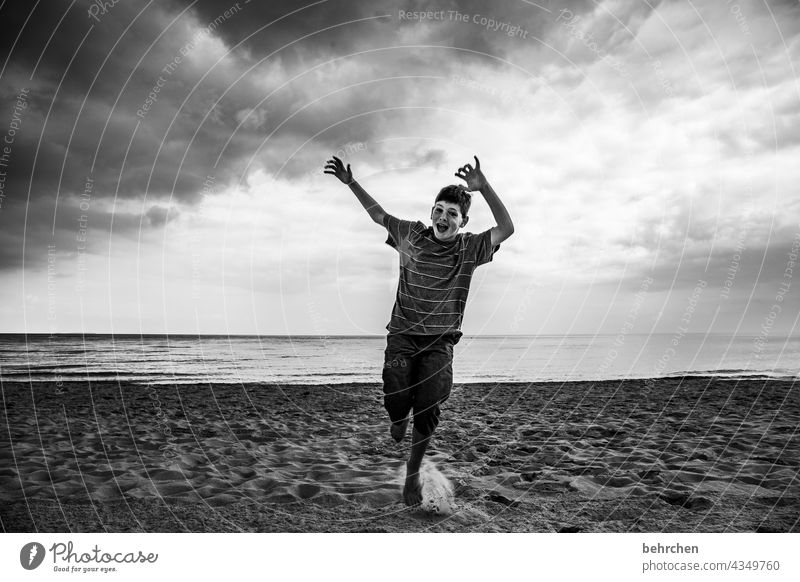 raise your hands weekend!!! Dramatic Usedom Black & white photo Freedom wide Wanderlust Sky Clouds Nature Waves Water Longing Ocean Beach Baltic Sea Landscape