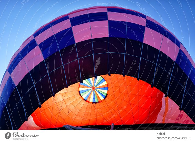 Interior view of an inflated hot air balloon with blue outer envelope Ballooning Flying hot-air balloon Basket Summer travel Adventure aerial photograph