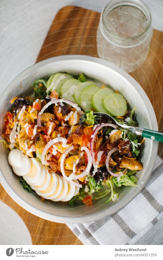 Fresh Healthy Salad and water american appetizer avocado background bacon blue blue cheese boiled breast brunch chicken chopped classic cobb cobb salad cooking
