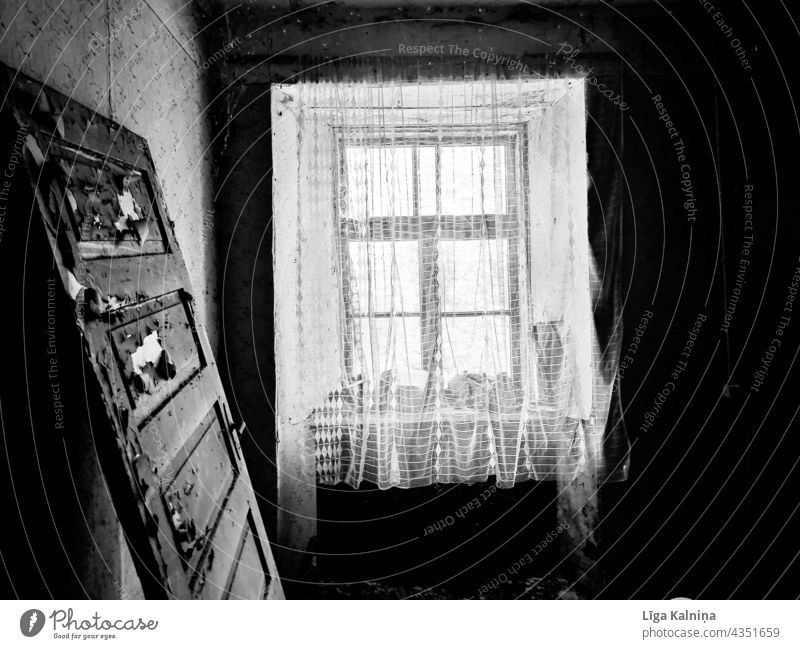 Black and white photo of window and door Window Abandoned Old old wall Architecture Deserted Black & white photo Door run down Facade Run-down Decline