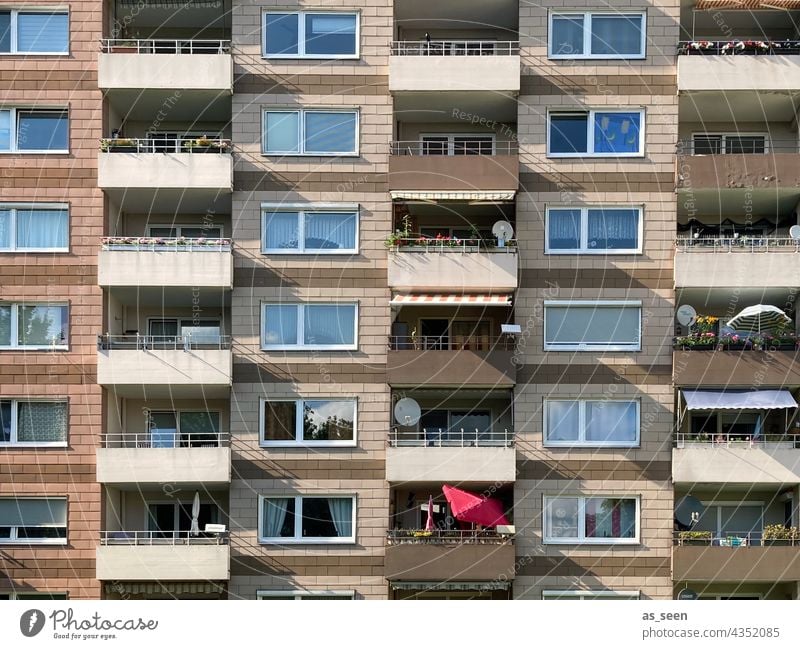 prefabricated building Summer Sun Exterior shot Deserted Day Clouds Town Balcony at home Colour photo Architecture Facade Building House (Residential Structure)