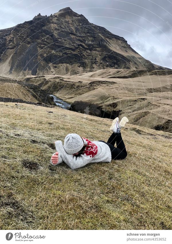 laughing flash Iceland Nature Green Sweater Freedom wide mountains Green space Hills and water Mountain Sky Clouds Environment Exterior shot Colour photo