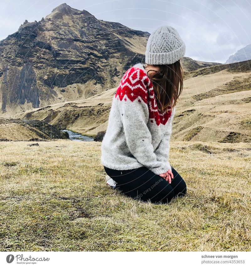 looked away Iceland Nature Green Sweater Freedom wide mountains Green space Hills and water Mountain Sky Clouds Environment Exterior shot Colour photo Deserted