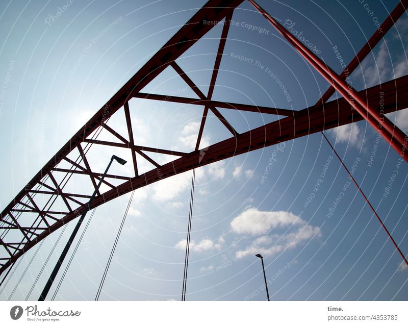 Bridge of Solidarity, Duisburg bridge arch Metal Sky Red structure Protection Safety Steel Monument memorial Historic lamps street lamps Clouds Tall convex