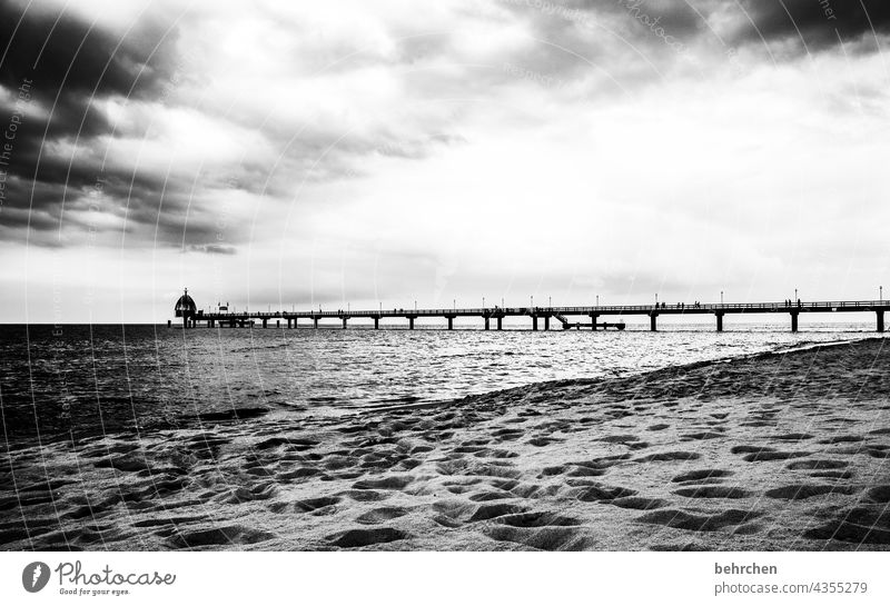 Far beyond Dramatic Usedom Black & white photo Freedom wide Wanderlust Longing Idyll Water Waves Nature Clouds Sky Baltic Sea Ocean Beach Landscape coast