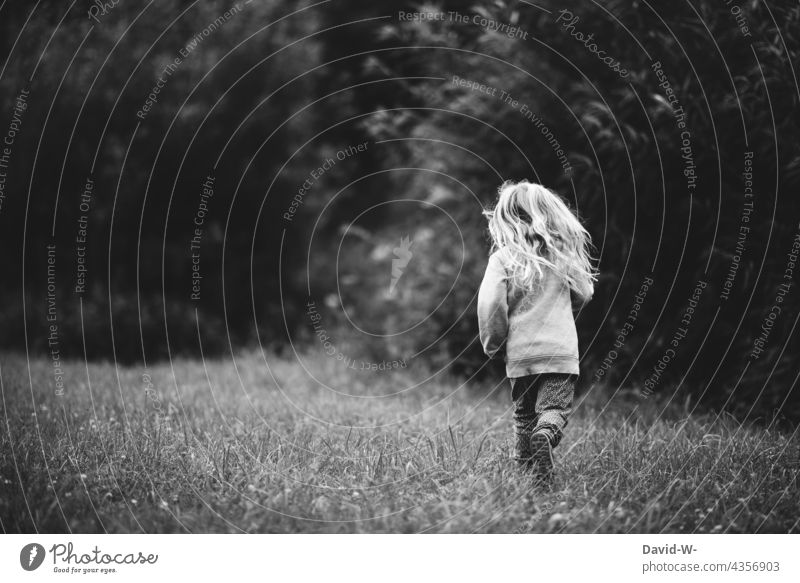 Childhood - little girl happily running across a meadow Infancy Girl out Playing cheerful contented fun Nature Lovely Cute Blonde Childhood memory pretty Joy
