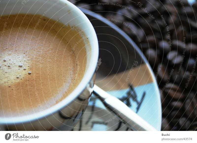 espresso Food Nutrition To have a coffee Beverage Hot drink Coffee Espresso Cup Delicious Beans Colour photo Close-up Day Detail Bird's-eye view Reflection