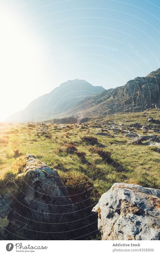 Amazing view of rocky mountain ridge on sunny day landscape hill scenery highland range blue sky spectacular wales united kingdom uk great britain cloudless