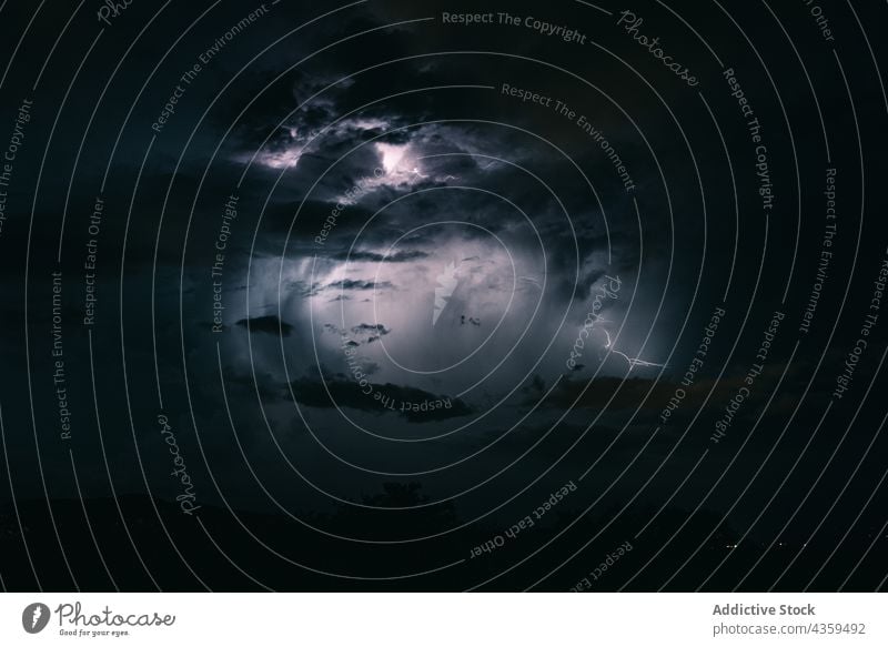 Storm sky with lightning among the dark clouds storm weather thunderstorm night nature danger electricity rain background power energy climate dramatic flash