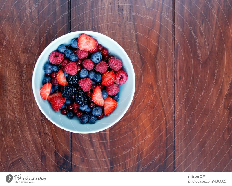 Vitamin colored. Art Esthetic Contentment Breakfast table Cereal Morning break Bowl Wooden table Raspberry Blueberry Blackberry Strawberry Redcurrant Fruit