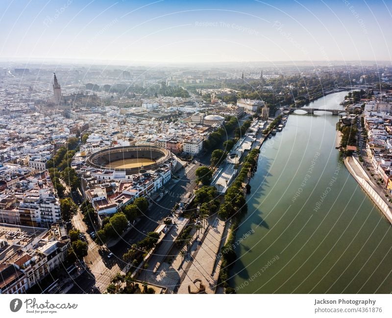 Aerial view of Seville with visible bullring and cathedral, Andalusia, Spain sevilla seville spain landmark aerial above aerial view alcazar guadalquivir river