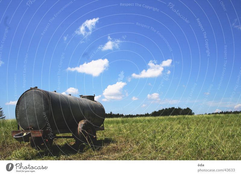 Trailer with view Clouds Grass Meadow Green Loneliness Followers Railroad car Water Watering Hole Sky Blue Vantage point Landscape