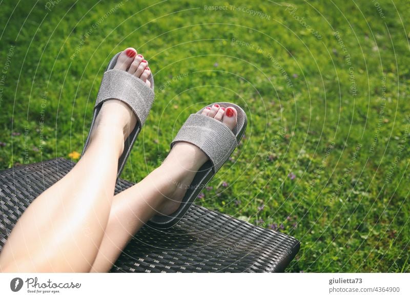 close up of female feet in glitter bath sandals, sunbathing on garden lounger relax Relaxation Vacation & Travel holidays time-out Feet up Painted toenails Sun