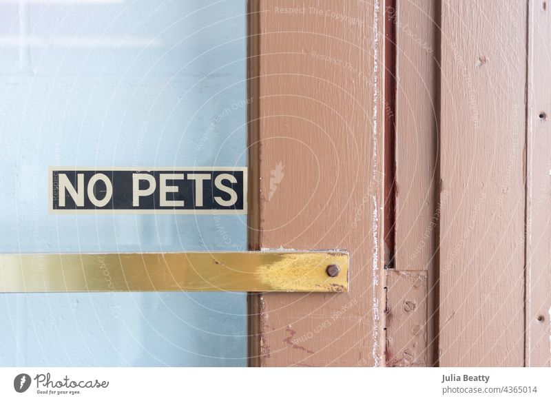 "NO PETS" sticker sign on an old wood door with glass panel and brass handle no pets stay out metallic information direct vintage retro urban signage plaque
