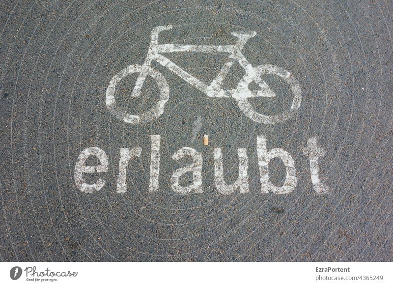 Permission Bicycle Cycle path Asphalt Street writing Lane markings Wheel Gray Transport Traffic infrastructure turnaround Cigarette Butt