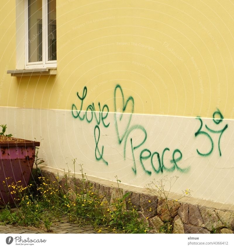 Love & Peace is written in green letters on a yellow house wall next to a parked container / graffito love and peace Graffito Graffiti Daub Container dwell
