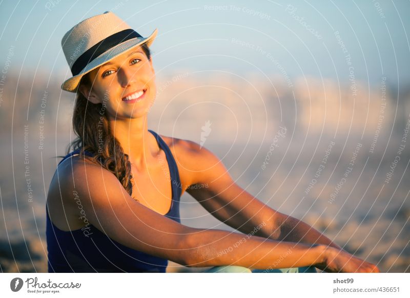 Woman with hat at the beach of Venice Beach Hat Top Smiling Face Sun Ocean Relaxation Quality of life Body Emotions Los Angeles USA