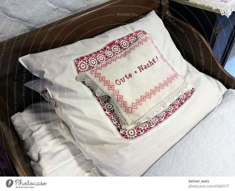 Grandma's pillow that says "good night" on it... Pillow Labeled Good night Conscience rest pillow Cushion writing Bed Embroidered Point Cloth textile Laundry