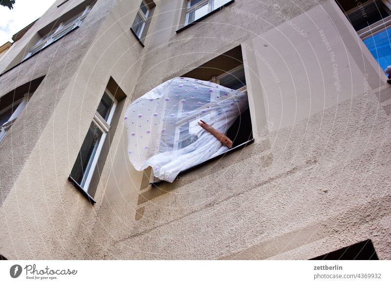 Waving curtain is called to order (2) Old building on the outside pull through Facade Window Judder Curtain open House (Residential Structure) Sky Sky blue