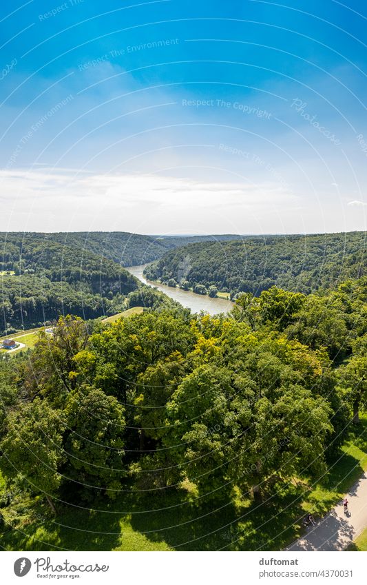 View of the green Altmühl valley near Kelheim Water Danube Maritime Navigation Copy Space top Sky Idyll idyllically out vacation Bavaria Altmühl Valley