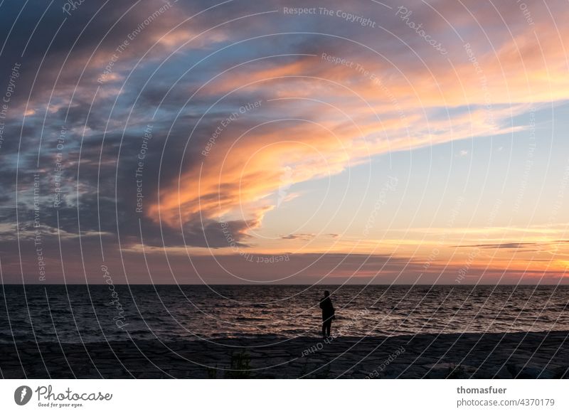 lonely person at the evening sea Nature Sky Calm Far-off places melancholy beautiful clouds Wide angle Water Thunder and lightning Threat Goodbye farewell mood