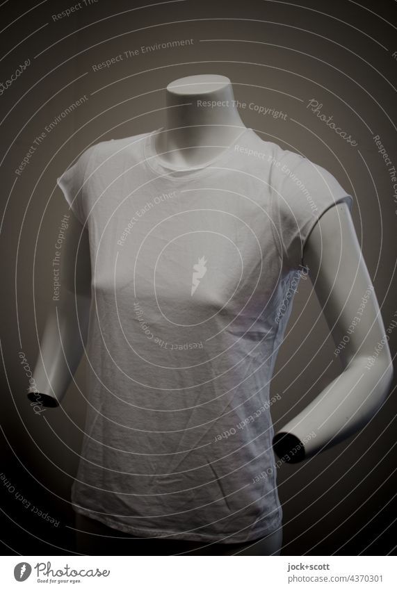 Mannequin with T-shirt but without head and hands Upper body Torso Chest Feminine Clothing Fashion Simple White Neutral Background Norm Figure Design Mock-up