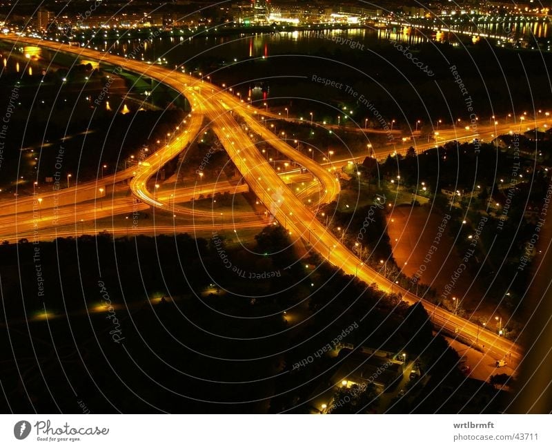 motorway junction River Town Bridge Transport Traffic infrastructure Road traffic Street Highway Dark Speed Lighting Orange traffic junction Urbanization