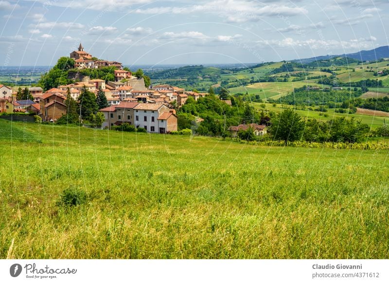 Landscape on the Tortona hills at springtime. View of Sarezzano Alessandria Colli Tortonesi Europe Italy Piedmont color day field green house landscape nature