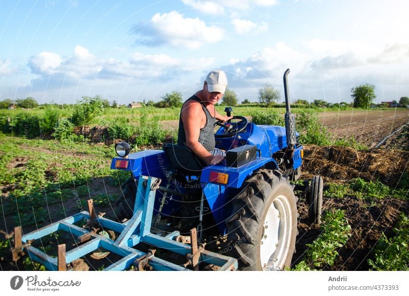 The farmer works in the field with a tractor. Agroindustry and agribusiness. Farm field work cultivation. Farming machinery. Plowing and loosening ground. Crop care, soil quality improvement.