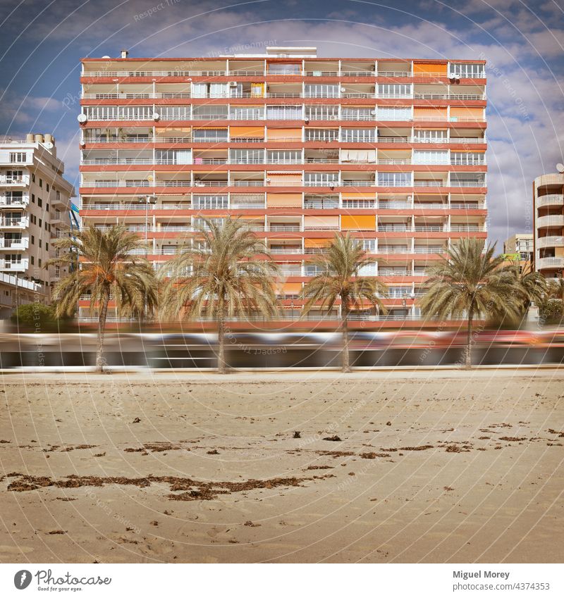 Apartment building on a sandy and palm-lined beach Apartamet Building Facade House (Residential Structure) urban Apartment house apartment building Window