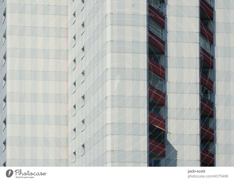 Detail of the prefabricated building Facade Architecture Gray Balcony Apartment Building Tower block GDR Symmetry Authentic Style Structures and shapes
