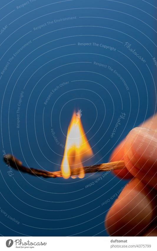 fingers hold burning match against blue background kindling Fire Burn cauterizing Match Flame Kindle Ignite Hot Dangerous Blaze Wood match head Warmth Physics