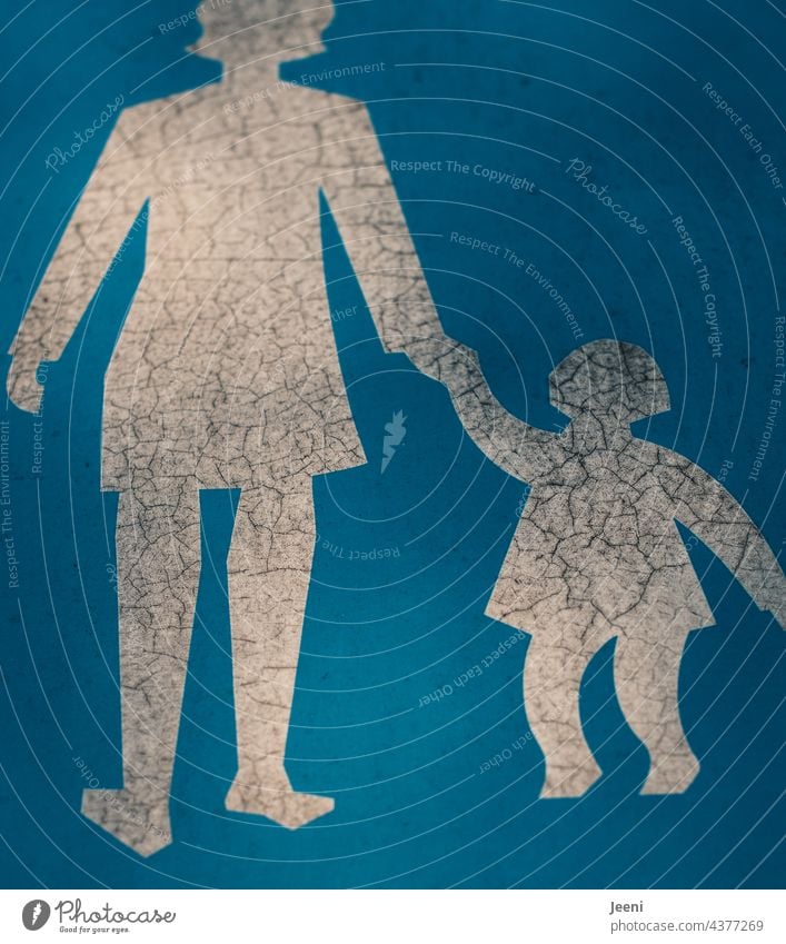 Mother and child go for a walk Child Road sign Blue White Pictogram children Parents Protection Safety (feeling of) guard sb./sth. To hold on Mother with child