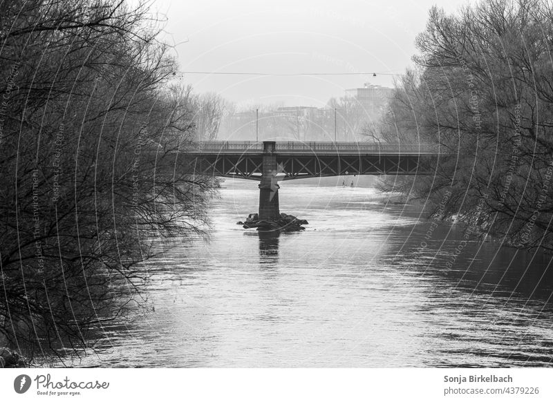 Graz, bridge over the Mur, Radetzky bridge with wave for surfers Bridge Radetzky Bridge Mura Austria Europe state capital black-and-white River Town Water