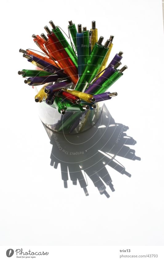 ballpoint Multicoloured Things Difference White Stationery Muddled Mixture Consecutively Ballpoint pen Tin Colour Shadow Above Swirl Glass Neutral Background