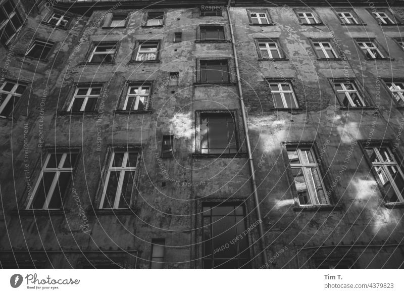 Backyard Prenzlauer Berg with light and shadow Berlin b/w Downtown Town Capital city Deserted Old town Black & white photo Old building