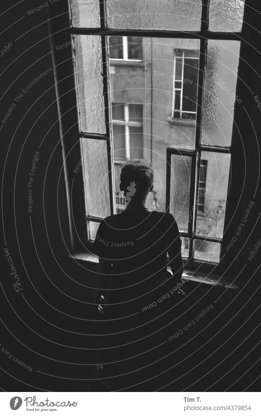 a young man stands at the stairwell window overlooking the backyard Berlin Window Old building House (Residential Structure) Town on one's own Loneliness