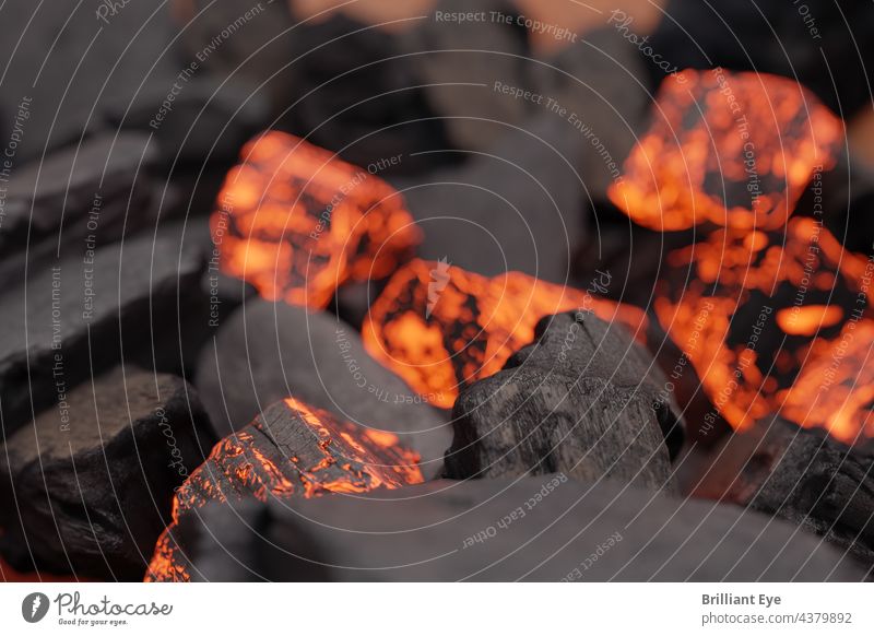 Close up of black and glowing charcoal Force Summer Light flaming Close-up Combustible briquette peril nobody Incandescent Temperature Bright cauterizing Burnt