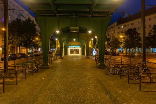 Street with elevated train station at night Schönhauser Allee Prenzlauer Berg Night Train station Eberswalder Street Berlin Downtown Capital city Town