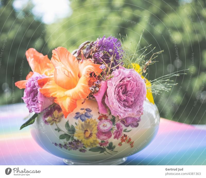 Colorful bouquet of flowers in flowery bowl Flower Flowers and plants Blossom Plant Nature Garden Colour photo Summer Exterior shot Close-up Blossoming