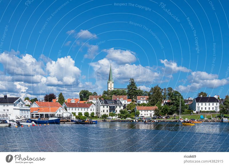 View of the town of Lillesand in Norway Town Church Ocean coast North Sea Skagerrak Harbour boat ship Sailing ship Summer Architecture