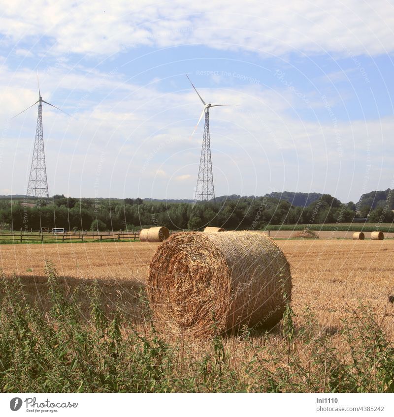 Straw bales on the field in the background two wind turbines Summer usable area Field Agriculture in the field Grain field Harvest Bale of straw round bales
