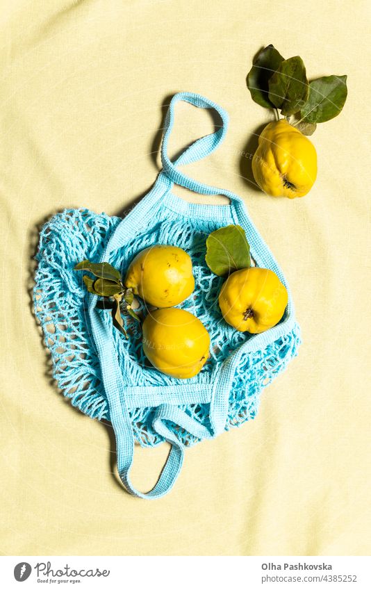 Quince apple fruits in blue mesh bag on linen yellow natural quince shopping ripe leaf vitamin nature nutrition organic vegetarian quince fruit raw reusable