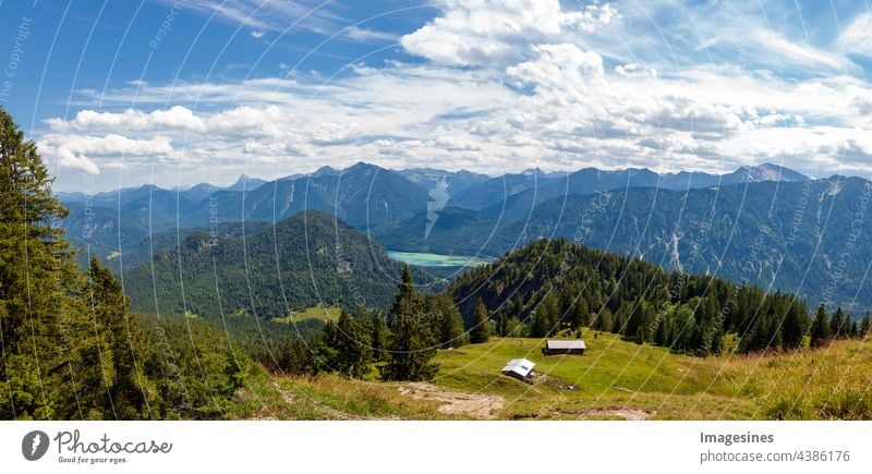 Relay Alm. Walchensee and the alpine hut - Staffel. Bavarian Prealps in Germany, Europe. Panoramic view from Staffelberg mountain over Lake Walchensee Adventure