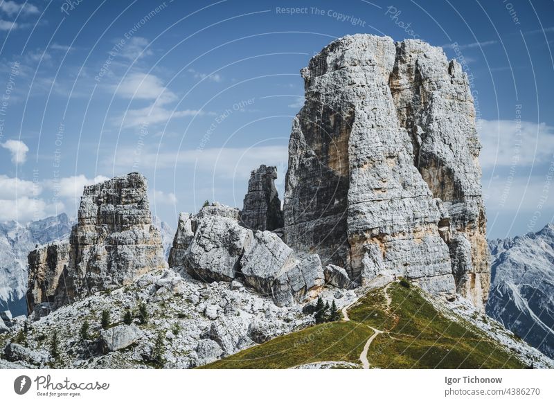 Cinque Torri Dolomites against blue summer sky. Italy dolomites cinque torri mountain landscape italy travel hiking nature peak rock alps europe climbing