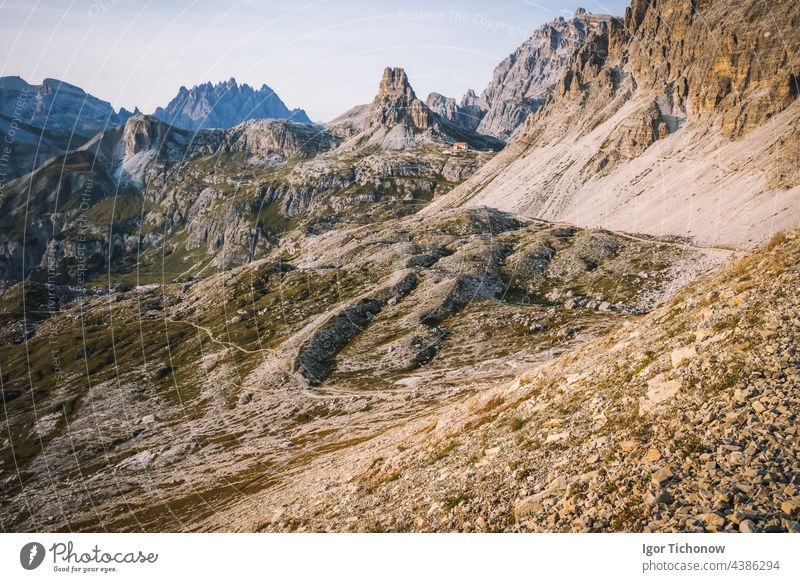 Incredible Nature Landscape around famous Tre Cime di Lavaredo. Rifugio Antonio Locatelli alpine hut popular travel destination in the Dolomites, Italy nature