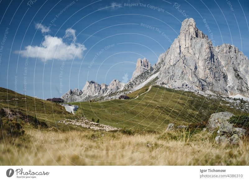 Passo Giau beautiful mountains in Dolomites alps, Italy dolomites passo giau italy tourism peak landscape view scenic path nature europe scenery blue summer