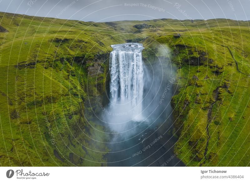 Iceland. Aerial view on the Skogafoss waterfall. Landscape in the Iceland from air. Famous place in Iceland. Landscape from drone. Travel concept iceland